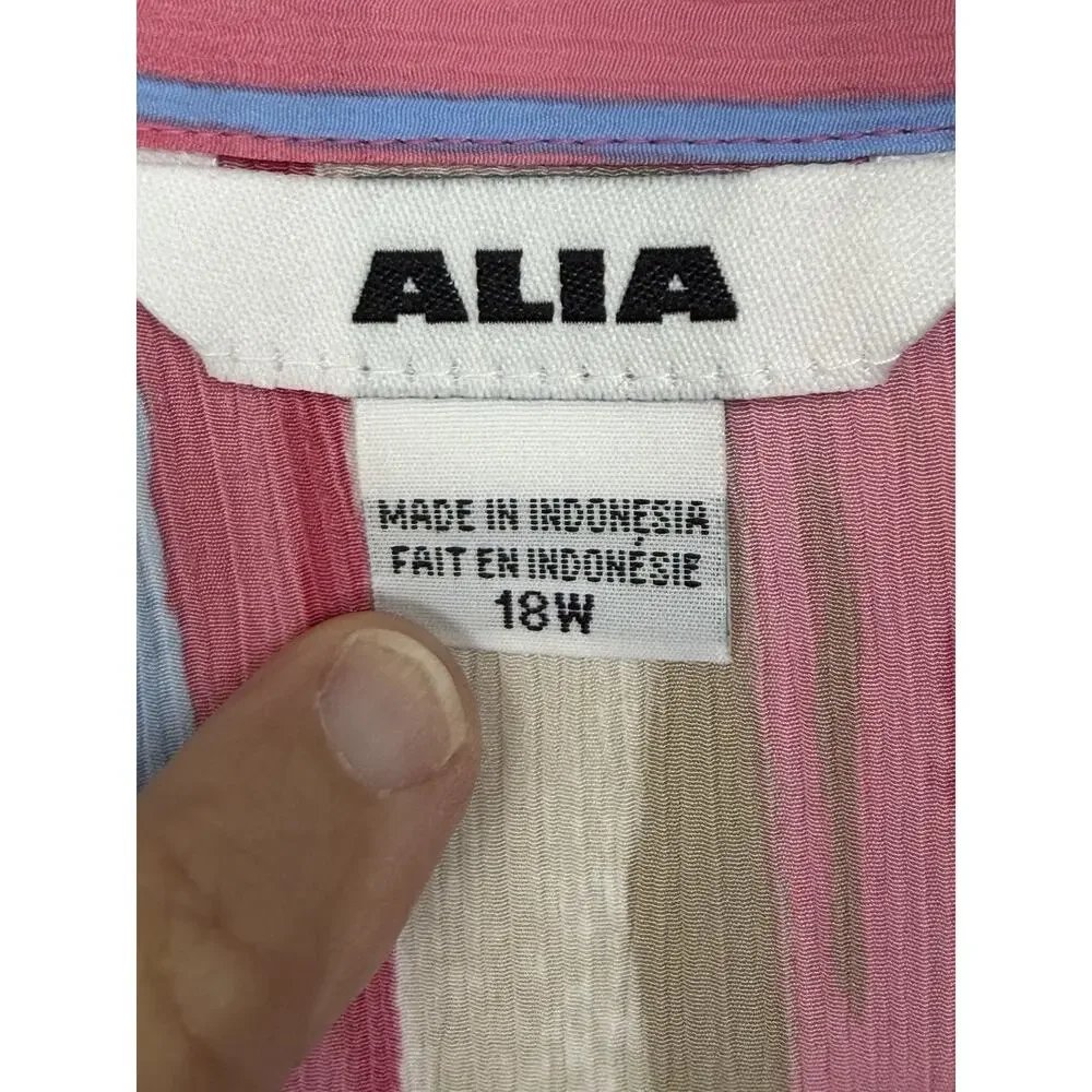 Vintage 80s Alia Striped Blouse Top 18W Button Up Short Sleeves Shoulder Pads - Picture 8 of 12